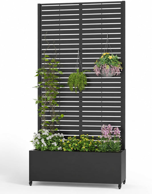 72" Metal Planter Box with Trellis & Privacy Screen on Wheels
