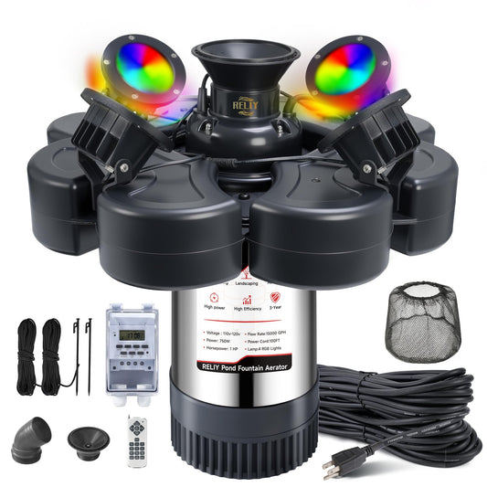 RELIY 1HP RGB Floating Pond Fountain Aerator | Timer | 15000 GPH