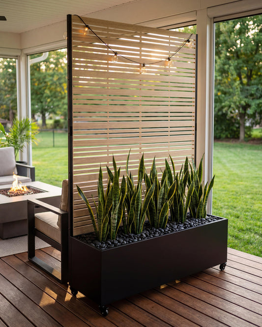 TinFrey 73" Metal Planter Box with Trellis & Privacy Screen | Teak